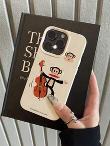 Paul Frank 授权荔枝纹理手机壳，全包式保护壳，带摄像头保护，小提琴猴子图案，全新设计，兼容 13/14/15/16/17 Pro Max - 彩色 - 查看 1