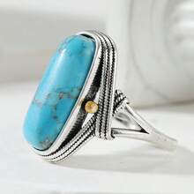 Handmade Wide Vintage Bohemian Style Artificial Turquoise Ring, Suitable For Women, Casual, Vacation Or Wedding Accessory, Unique Style Women's Jewelry - Silver - View 4