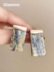 1 Pair Resin Rectangular Stone Texture Earrings, Vintage Casual Versatile Party Personalized Earrings For Women - Grey - View 2
