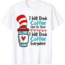 2026 SUMMER TopWhimsical 'I Will Drink Coffee Everywhere' Graphic Tee   Cat In The Hat Inspired Coffee Cup Design   Soft Black Short Sleeve Cotton T - 白色 - 查看 5