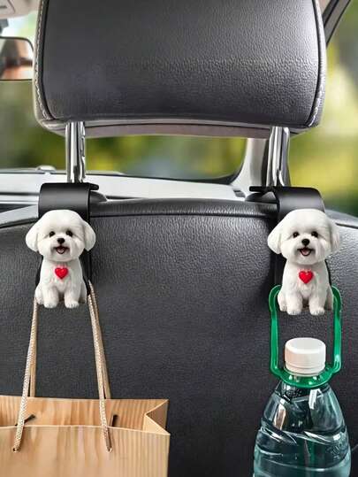 1个/2个/4个装可爱白色狗狗汽车头枕挂钩 - 通用型汽车座椅靠背收纳袋，可挂包包和水瓶 | 汽车内饰配件