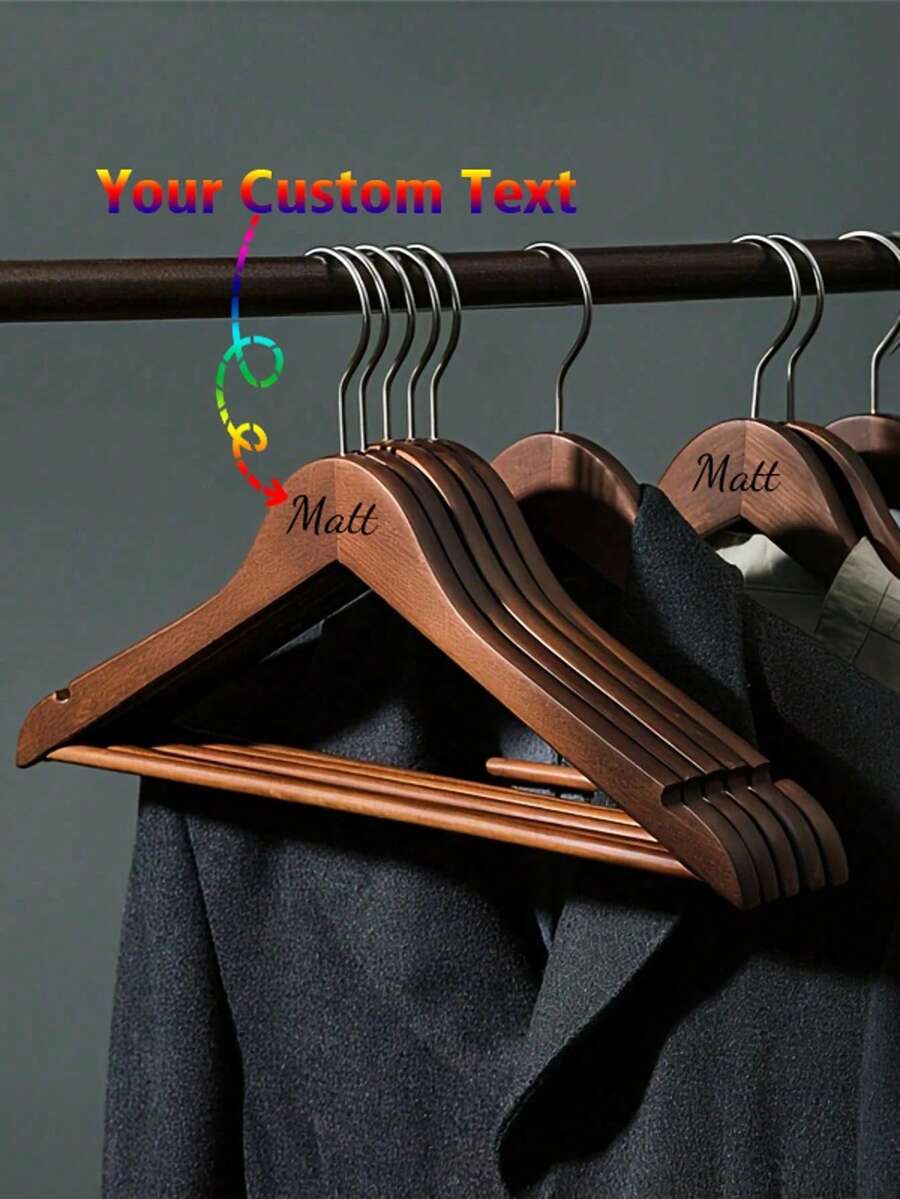 Customized Text/Logo Wooden Clothes Hanger, Non-Slip, Seamless, Suitable For Home, Hotel, Wedding, Laundry Drying
