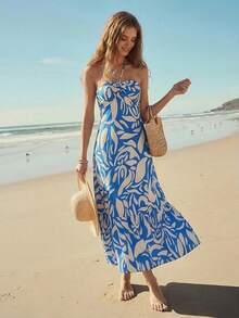 ZIAI 时尚蓝色露肩无袖连衣裙，夏季女装 - 藍色 - 查看 3