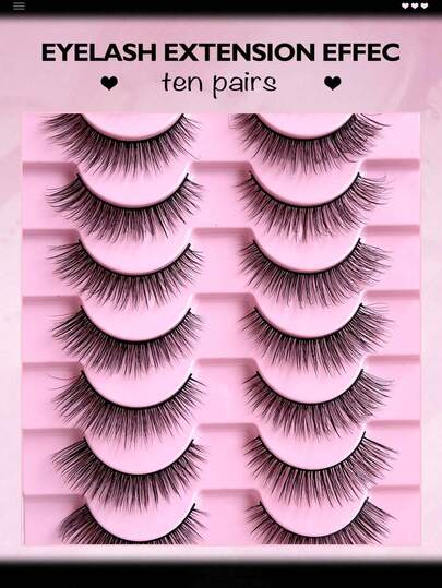 10对自然3D仿貂毛假睫毛，采用优质逼真纤维制成，蓬松自然，防水，适合自然妆、浓妆和日常妆容，也适用于角色扮演。