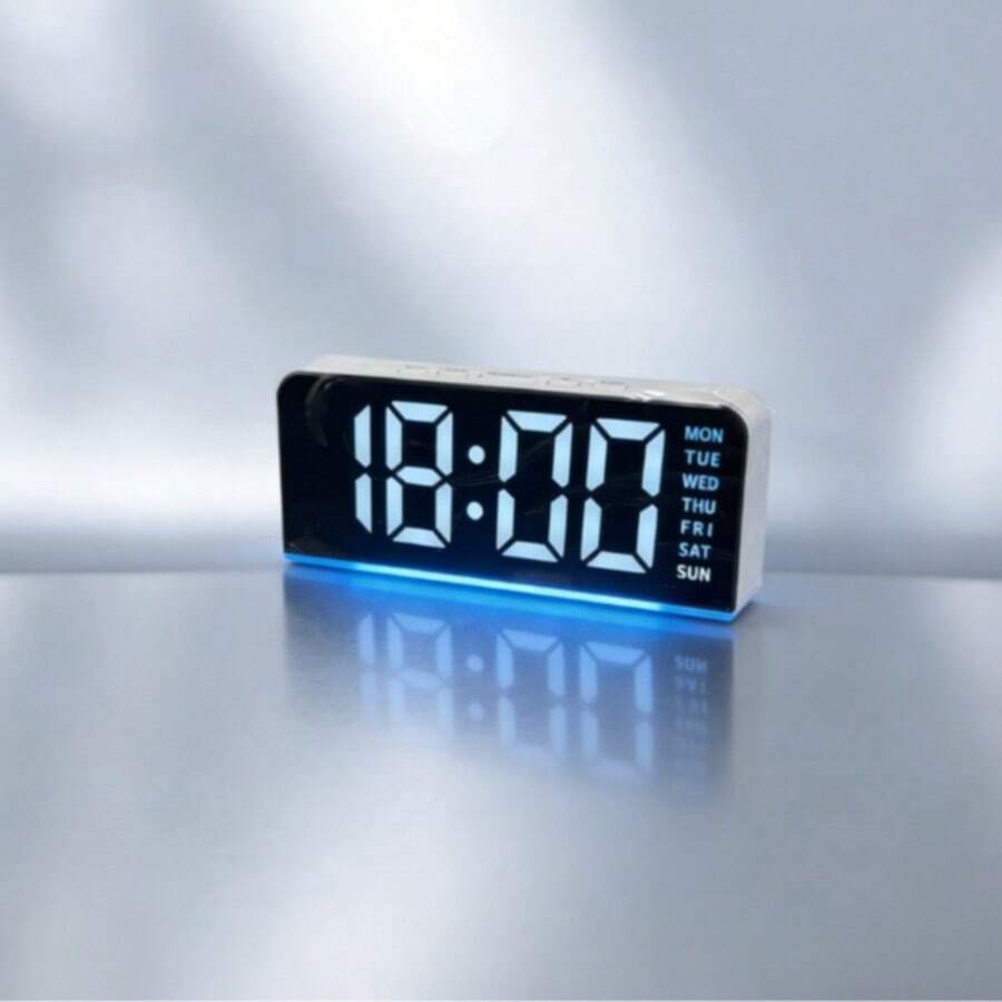 Multi Functional Alarm Clock, Clock, Bedside Alarm Clock, Temperature Display, Ambient Light, Date Display, Two Sets Of Alarms, Brightness Adjustment, Week Display, 12/24-Hour Switching, Suitable For Your Bedside And Daily Life - 白殼藍燈 - 查看 1