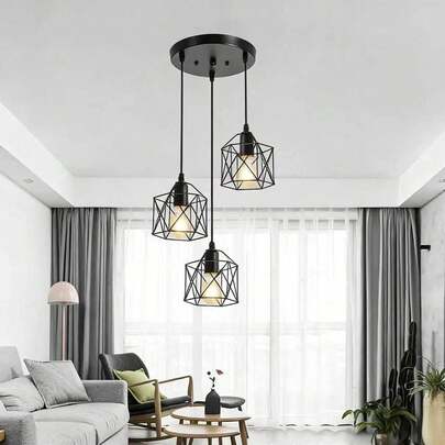 CANMEIJIA 1pc Vintage Iron Pendant Light, Modern Ceiling Hanging Lamp, Adjustable Suspension Light, Indoor Lighting Fixture, E27/E26D Base, 3-Head Iron Cage, Bulb Included, Cool White/Warm White, Suitable For Bedroom, Living Room, Dining Room, Kitchen, Bar