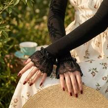 Áo khoác cardigan nữ tay loe ren lưới mỏng nhẹ, chống nắng, kiểu dáng punk thanh lịch, thoáng khí, kèm găng tay hở ngón, thích hợp cho mùa hè. - Nhiều màu - Xem 2