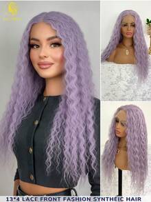 Tóc giả ren phía trước màu tím nhạt xoăn nhẹ, không cần keo dán, màu tím pha bạch kim, dài, kiểu sóng nước 13x4, đã được tỉa sẵn tóc con, dài 26 inch, mật độ 150. - Màu tím hoa cà - Xem 1