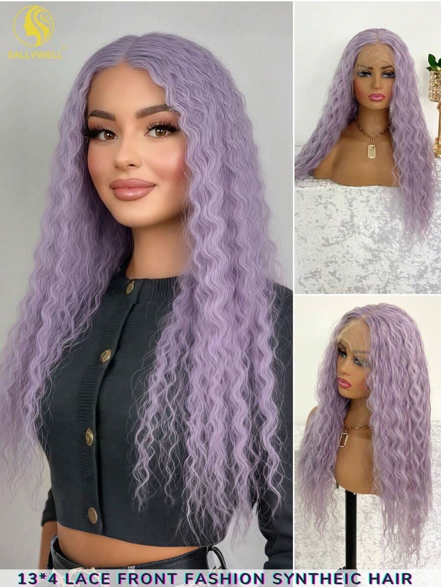 Tóc giả ren phía trước màu tím nhạt xoăn nhẹ, không cần keo dán, màu tím pha bạch kim, dài, kiểu sóng nước 13x4, đã được tỉa sẵn tóc con, dài 26 inch, mật độ 150. - Màu tím hoa cà - Xem 1