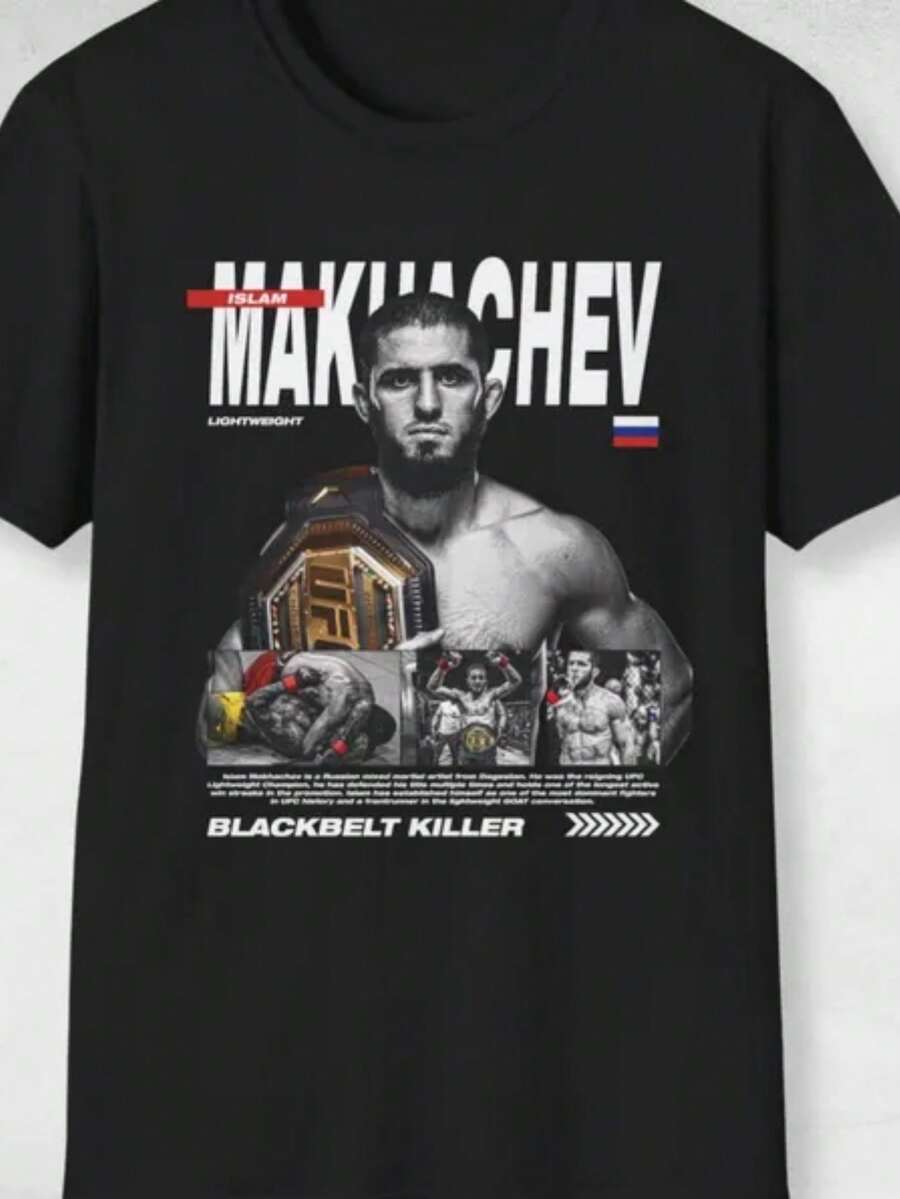 Islam Makhachev Shirt Dagestan Russian T-Shirt Vintage Bootleg MMA Graphic Design T-Shirt UFC Vintage Fighter Shirt Bootleg T-Shirt Lightweight Champion - 黑色 - 查看 1