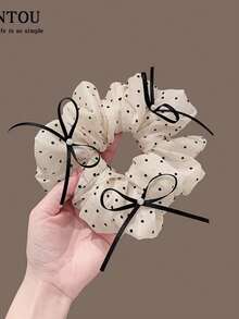 Dây buộc tóc chấm bi đen, nơ ruy băng voan thanh lịch, phụ kiện tóc nữ tính - Nhiều màu - Xem 2