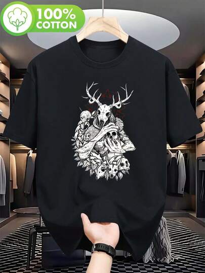 Camiseta Gráfica de Hombre con Diseño de la Criatura Leshen del Bosque Demoníaco de The Witcher - Camiseta de Monstruo en Blanco y Negro con Diseño de la Criatura Leshen, Manga Corta, Cuello Redondo, Ropa Casual de Gaming para Fanáticos de The Witcher, Lavable a Máquina, Comodidad para Todas las Temporadas, Estampado Geométrico de Temática Fantástica.