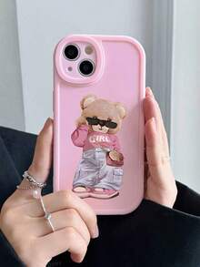 1pc Pink Bear Pattern Phone Case, Fashionable Glasses Bear Design Matte Shock-Proof Protective Cover Suitable For IPhone 17 Pro Max/17 Pro/17/16 Pro Max/16 Pro/16/15/14/13/12/11/Pro/Pro Max/X/XR/XS/XS Max/7/8/Plus - Multicolor - View 2