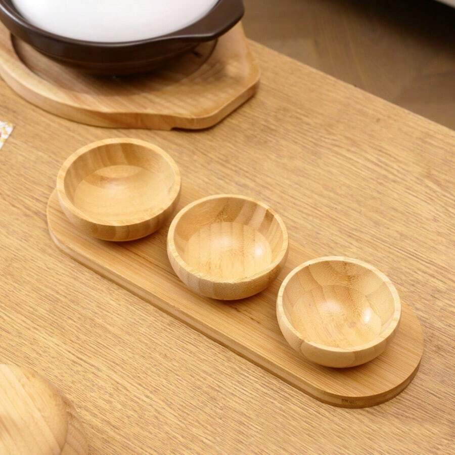 Bát đựng gia vị bằng tre, bát đựng bơ, bát đựng kem, khay đựng đồ, đĩa tráng miệng, khay kiểu Nhật tối giản có giá đỡ bát. - Màu be - Xem 1