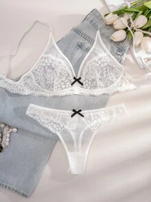 1 Set Women's Solid Color Bowknot Wireless Comfortable Lingerie Set - White - View 1