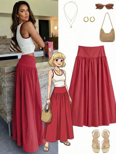 Jupe évasée rouge à taille haute d'un style décontracté à la mode Y2K, pour un port quotidien décontracté