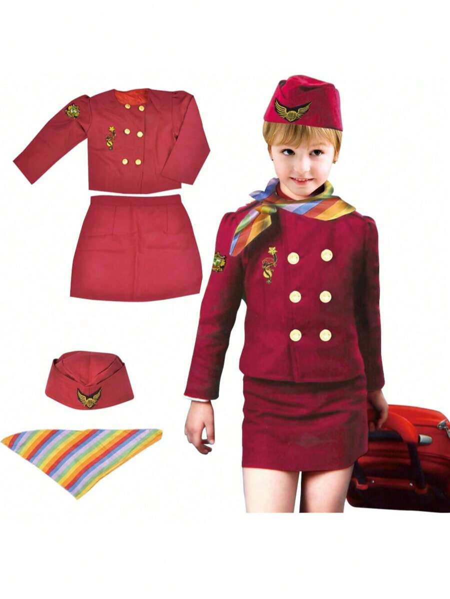 Conjunto de disfraz de azafata infantil, incluye gorra de azafata, vestido de carrera para niñas, atuendo de juego de roles, adecuado para Halloween - Burdeos - Ver 1