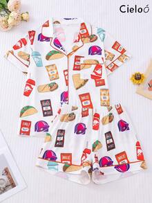 New 2-Piece Casual Women's Food Themed Sleepwear Set, Multi-Color Snack Printed Base, Short Sleeved Top And Pants, Spring And Autumn Casual Home Decor - trắng - Xem 9