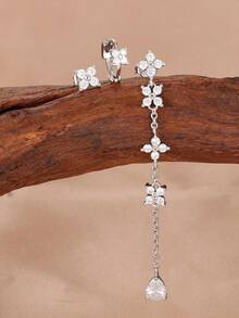 3 Stück funkelnde Zirkonia Blumen Quaste Ohrstecker Sets für Frauen, einzigartiger koreanischer Mode Schmuck mit Kleeblatt Creolen - 3 Stück – Silber - Übersicht 2