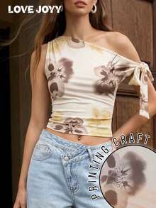 Blusa corta sin mangas con estampado floral asimétrico y lazo de LOVE JOYY, adecuada para citas de verano, vacaciones y estilo casual de calle - Multicolor - Ver 3