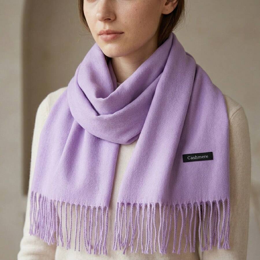 Unisex Solid Color Winter Scarf With Fringe, Classic Style. Long And Thick Faux Cashmere Scarf For Women And Men. Warm And Soft Accessory Ideal For Cold Days. Wind Protection For Daily Use And Leisure. Versatile Piece That Matches Various Autumn And Winter Looks. Available In Several Colors To Complete Your Style With Elegance And Comfort. - 紫丁香色 - 查看 1