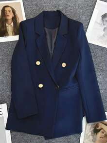 Spring & Summer Women's Solid Long Sleeve Double-Breasted Blazer, Notched Lapels | Ideal For Dates, Parties, Outings & Festive Celebrations - Navy - View 6