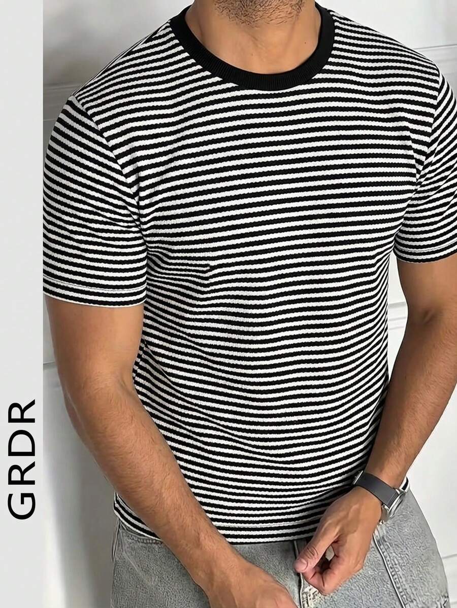 GRDR Men's Fashionable Striped Short Sleeve T-Shirt | Exquisite Design | Summer Essential | Easy To Match | Showcase Your Style - Black - View 1