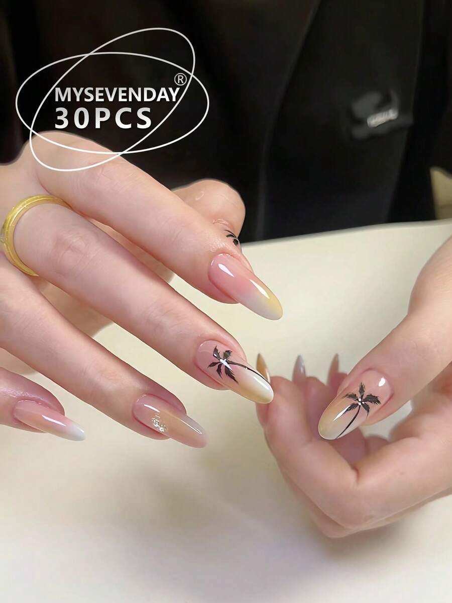 30 piezas de pegatinas de uñas con forma de lágrima, con un patrón de árbol de coco degradado sobre una base rosa nude y amarillo pálido, decoración de árbol de coco y diamantes pintados a mano, con un estilo tropical fresco adecuado para atuendos de primavera, vacaciones o uso diario, que presenta un efecto brillante y vibrante - Multicolor - Ver 1