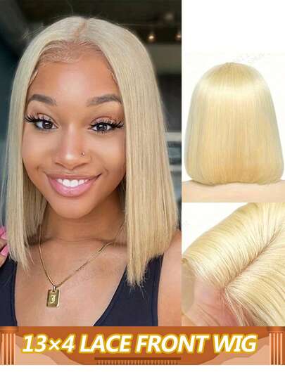 Tóc giả bob màu vàng bạch kim, tóc thật 613, tóc giả ren phía trước 13x4, ren trong suốt có tóc con, tóc bob ngắn thẳng dành cho nữ, mật độ 150%.