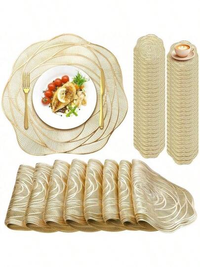 8pcs Set (4 Gold Hollow Rose PVC Placemats, 4 Gold Hollow Rose PVC Coasters), Washable, Easy To Clean, Wipe-Able, Non-Slip, Heat-Resistant, Suitable For Dining Table, Holiday, Wedding, Party Decor