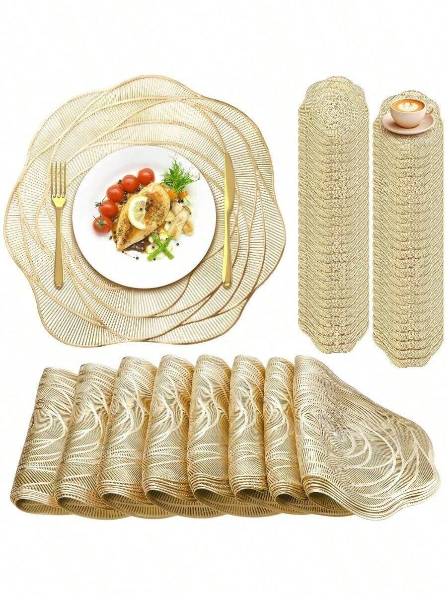 8pcs Set (4 Gold Hollow Rose PVC Placemats, 4 Gold Hollow Rose PVC Coasters), Washable, Easy To Clean, Wipe-Able, Non-Slip, Heat-Resistant, Suitable For Dining Table, Holiday, Wedding, Party Decor - Gold - View 1
