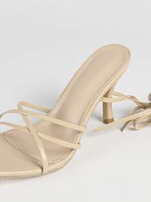 女士杏色方头交叉绑带细高跟凉鞋，露趾性感派对时尚简约舒适高跟鞋，拉长腿部线条 - 杏色 - 查看 4