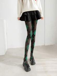 Plaid Floral Striped Blue & Green Velvet Tights, Diamond Pattern Nylon Cartoon Plaid Tights, High Stretch Breathable Comfortable Slimming Yoga Tights For Women, Cozy - 墨綠色 - 查看 2