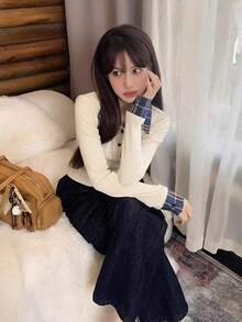 女士 Polo 领二合一格子拼接长袖 T 恤，时尚修身设计，白色，春季款 - 白色 - 查看 4
