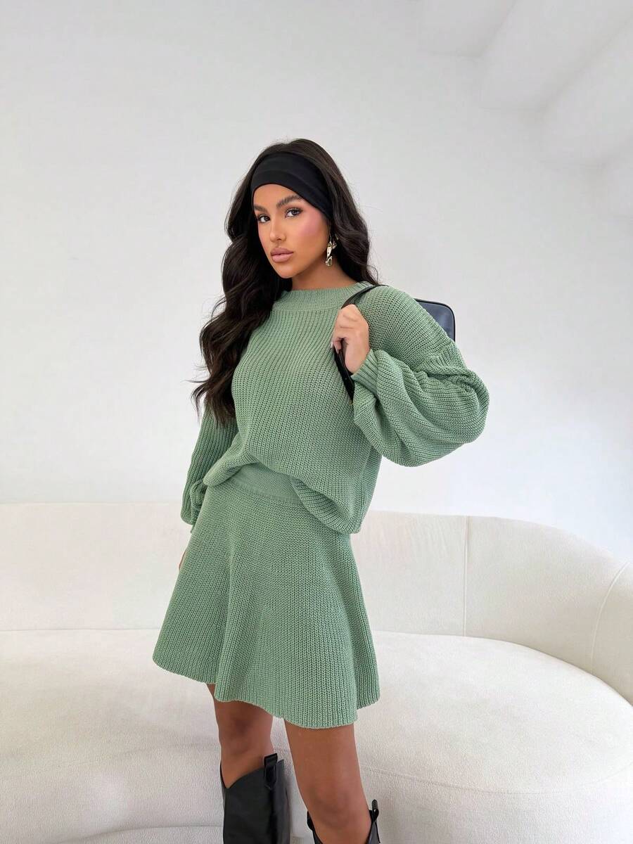 Women's Knit Set: Short Flared Skirt And Puff Sleeve Blouse - Fashionable For International Bloggers - Autumn/Winter - 薄荷綠 - 查看 1