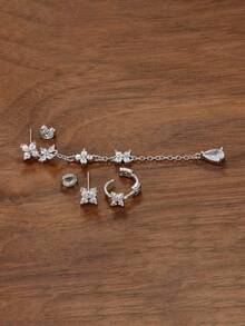 3 Stück funkelnde Zirkonia Blumen Quaste Ohrstecker Sets für Frauen, einzigartiger koreanischer Mode Schmuck mit Kleeblatt Creolen - 3 Stück – Silber - Übersicht 3