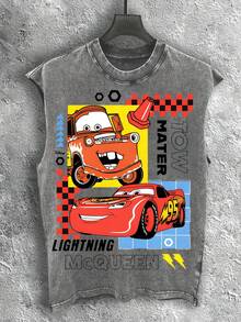 Disney Vintage Washed Cars  & Mater  Print Sleeveless Tank Top - Xám - Xem 1
