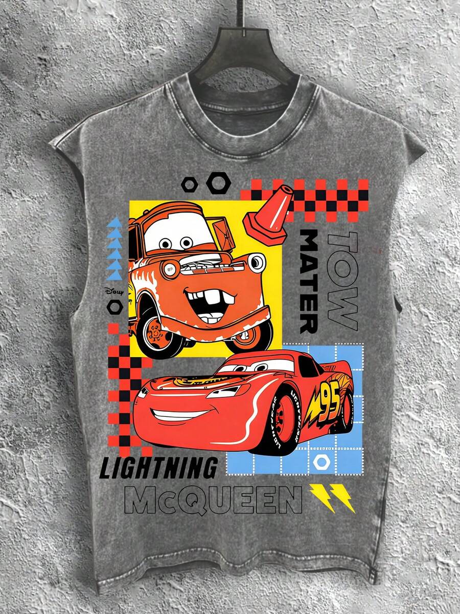 Disney Vintage Washed Cars  & Mater  Print Sleeveless Tank Top - Xám - Xem 1