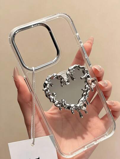 Capa de Celular Espelho de Coração Prateado Compatível com iPhone 17 Pro Max, Nova Capa de Celular com Coração de Strass e Espelho Compatível com iPhone 17 Pro, Compatível com iPhone 17 Air, Capa de Celular Feminina Compatível com iPhone 16 Pro, Capa Protetora com Espelho de Maquiagem para Galaxy S25 S24 S23 S22 S21, A13 A14 A15 A16