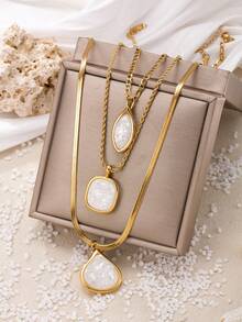 Collar de 3 capas con carcasa de acero inoxidable con textura, versátil para ir al trabajo, citas y uso diario - Dorado - Ver 6