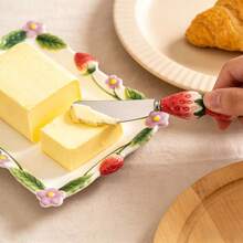 草莓陶瓷柄不锈钢黄油刀，可爱水果造型，适用于涂抹黄油、果酱、奶油奶酪等，家用厨房必备 - 查看 1