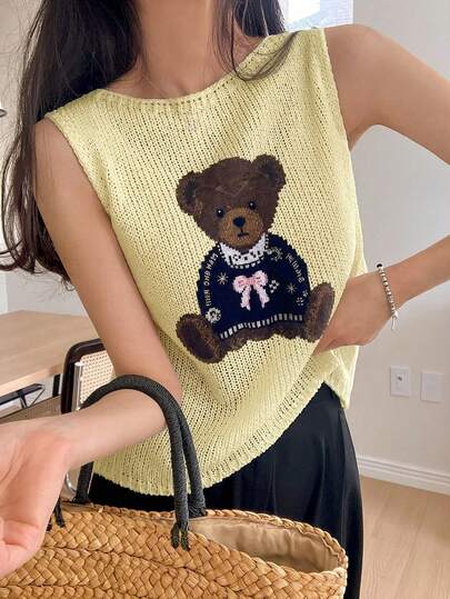 Áo tank top nữ cổ tròn mùa xuân/hè mới, áo thun trắng in hình gấu bông, kiểu dáng tối giản, phù hợp cho công sở, mặc hàng ngày, áo dành cho mùa tốt nghiệp.
