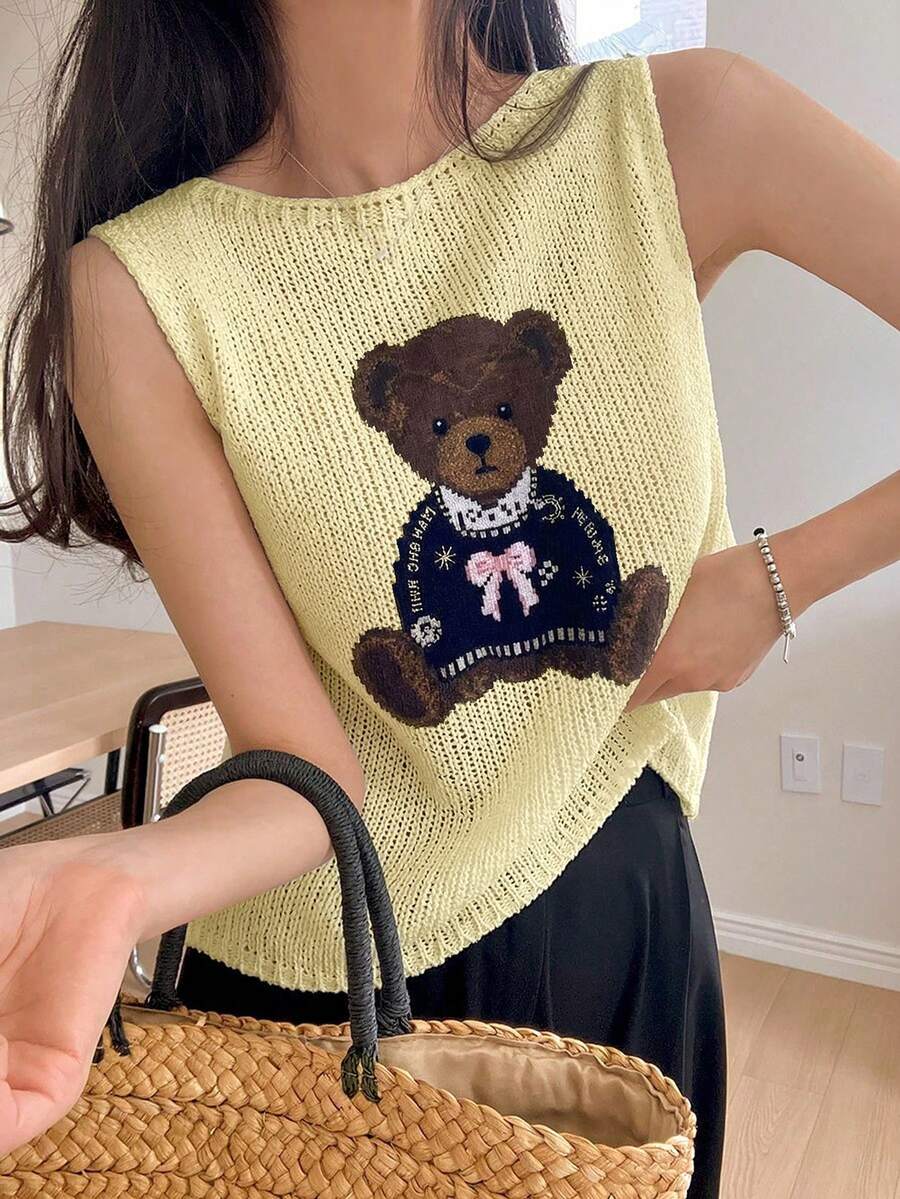 Áo tank top nữ cổ tròn mùa xuân/hè mới, áo thun trắng in hình gấu bông, kiểu dáng tối giản, phù hợp cho công sở, mặc hàng ngày, áo dành cho mùa tốt nghiệp. - Màu vàng - Xem 1