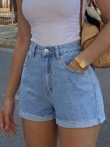 Women's Fashionable Minimalist Classic Mid-Waist Washed Denim Cuffed Shorts Summer Casual - 中等水洗 - 查看 10