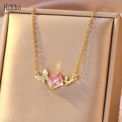 Hihho 1件女士精致奢华镀金锆石蝴蝶吊坠项链，可单独佩戴或与其他项链叠戴，打造优雅锁骨造型，适合日常、工作和约会佩戴。