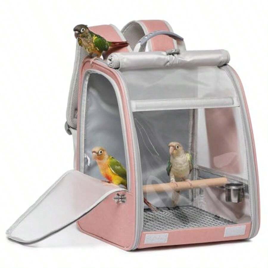 Mochila transportadora de pájaros jaula portátil de viaje con percha 2 comederos soporte de malla metálica y bandeja extraíble. Ligera con ventana de malla transpirable para loros fácil d - Rosado - Ver 1