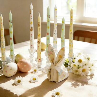 2Pcs 25cm Easter Printed Taper Candles - Bunny & Chick Pattern, Smokeless Drip-Free Long Stick Candles, Multiple Colors Available, For Wedding Season, Easter, Spring Home Decor, Romantic Dinner, Table Centerpieces, Wedding Favors & Cross-Border Wholesale