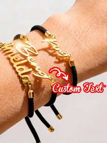 Custom Arabic Name Bracelet, Stainless Steel Jewelry For Women And Men, Black Braided Rope Bracelet, Adjustable Personalized Name Bracelet, Suitable For Various Occasions, Summer Jewelry, Women's Beach Accessories, Unique Name Bracelet For Mother's Day, Girlfriend, Sister, Anniversary, Beach Vacation - Black - View 3
