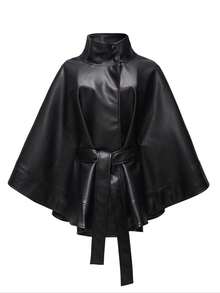 OUTTA BOX 无袖立领宽版PU纯色休闲优雅女士披肩，适合居家、日常穿着、聚会、春夏穿着，黑色 - 黑色 - 查看 6