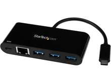 StarTech.Com USB-C To Ethernet Adapter With 3-Port USB 3.0 Hub And Power Delivery - USB-C GbE Network Adapter + USB Hub W/ 3 USB-A Ports - Black - View 1